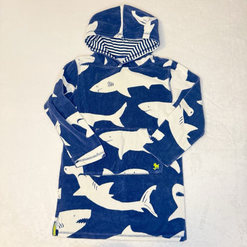 Mini Boden Shark Terry Hoodie Cover Up Blue White Kids 9-10